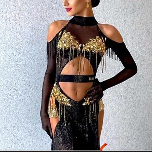 Latin/American Rhytm Black and gold Ballroom dress with sleeves